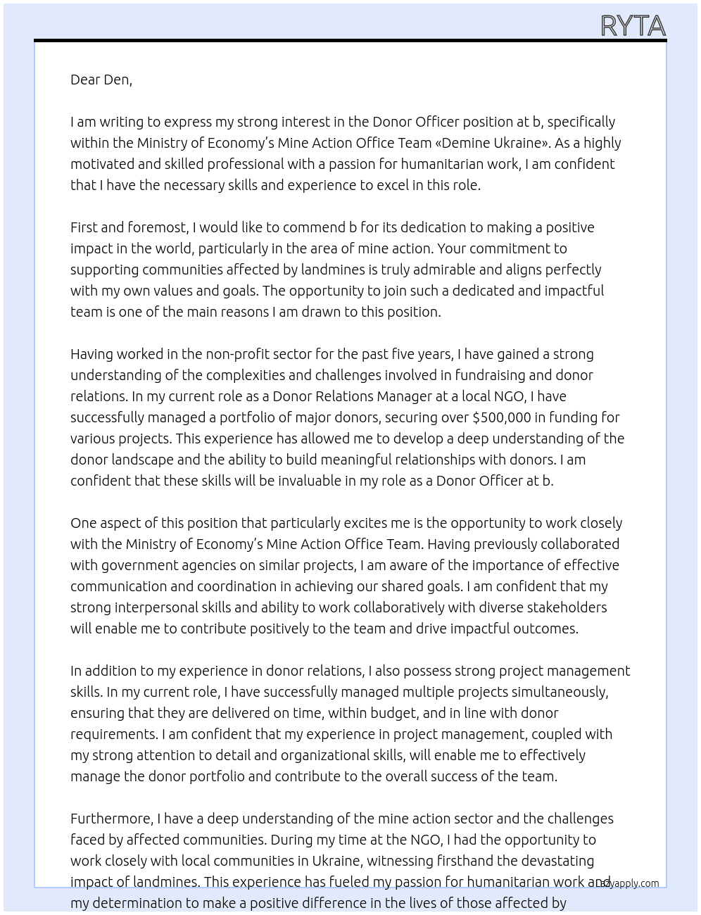 Cover letter for donor officer at the ministry of economy’s mine action office team «demine ukraine» - LazyApply