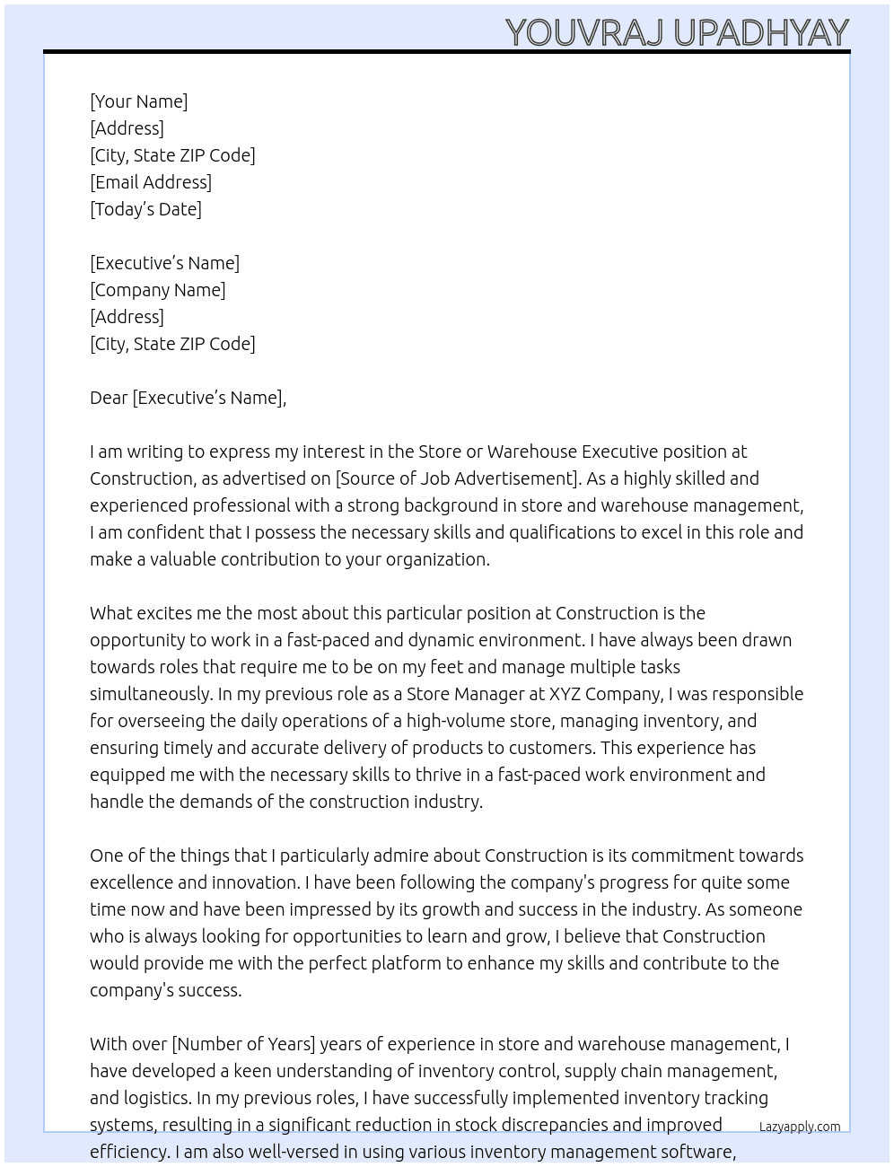 Cover letter for store or warehouse - LazyApply