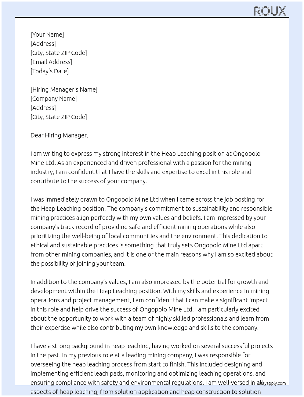Heap leaching  At Ongopolo Mine ltd Cover Letter