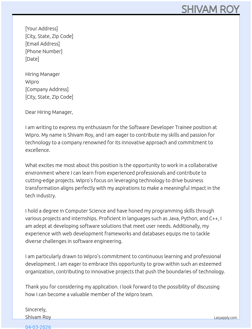 Cover letter for software developer trainee - LazyApply