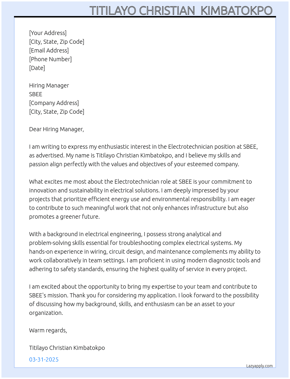 Cover letter for electrotechnician - LazyApply