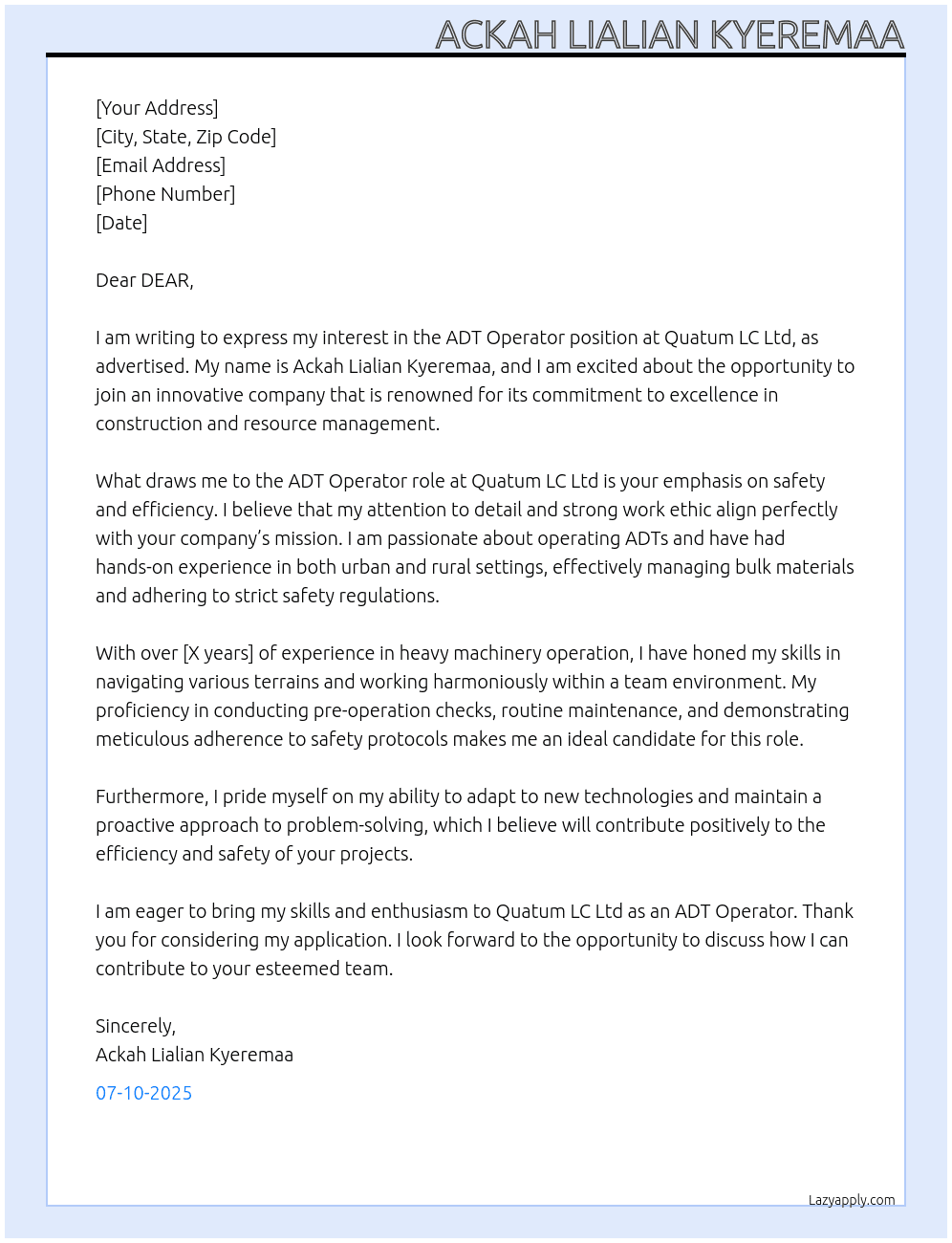 ADT OPERATOR At QUATUM LC LTD Cover Letter