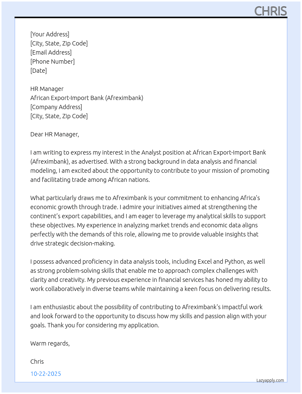 Analyst At African Export-Import Bank (Afreximbank) Cover Letter