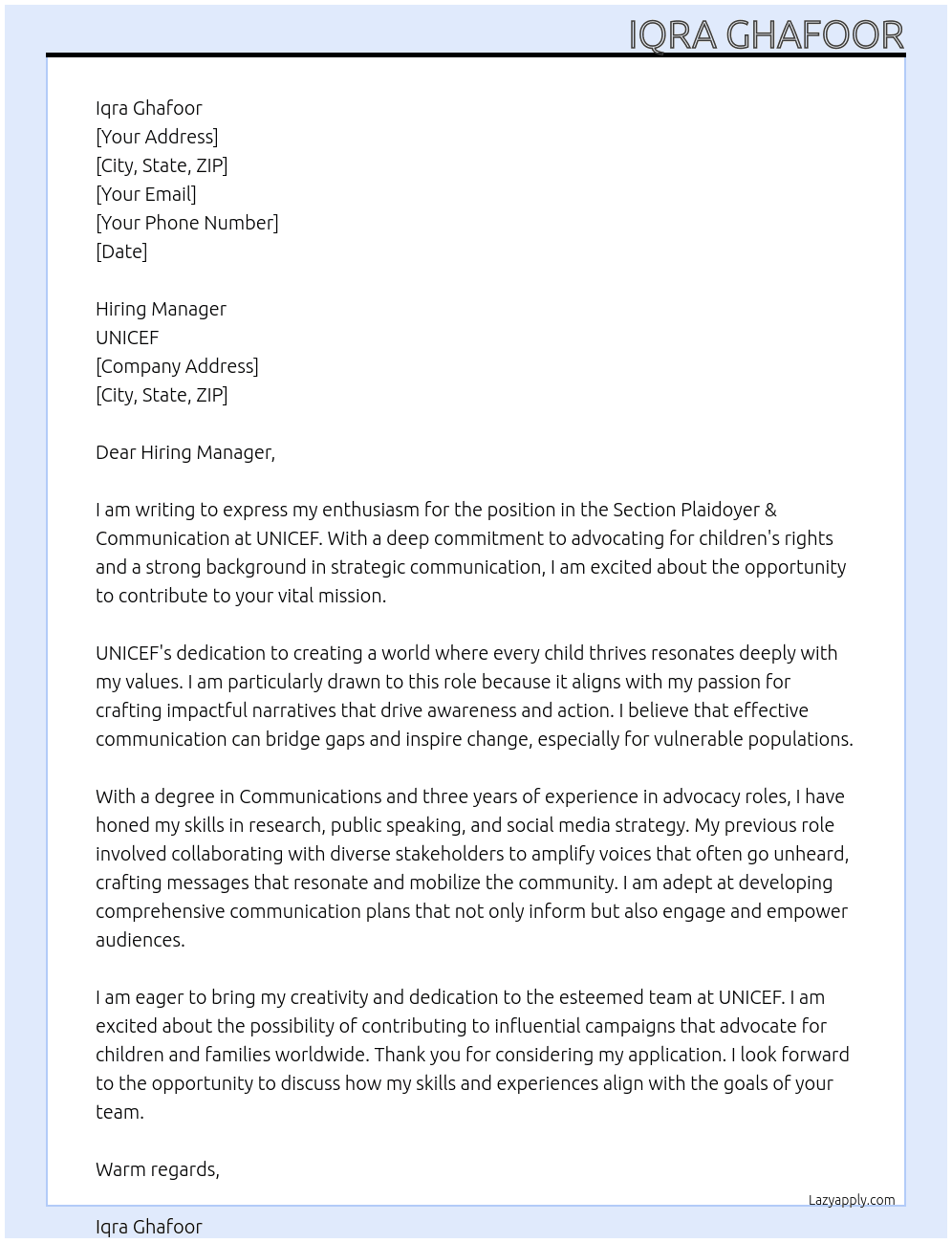 Cover letter for section plaidoyer & communication - LazyApply