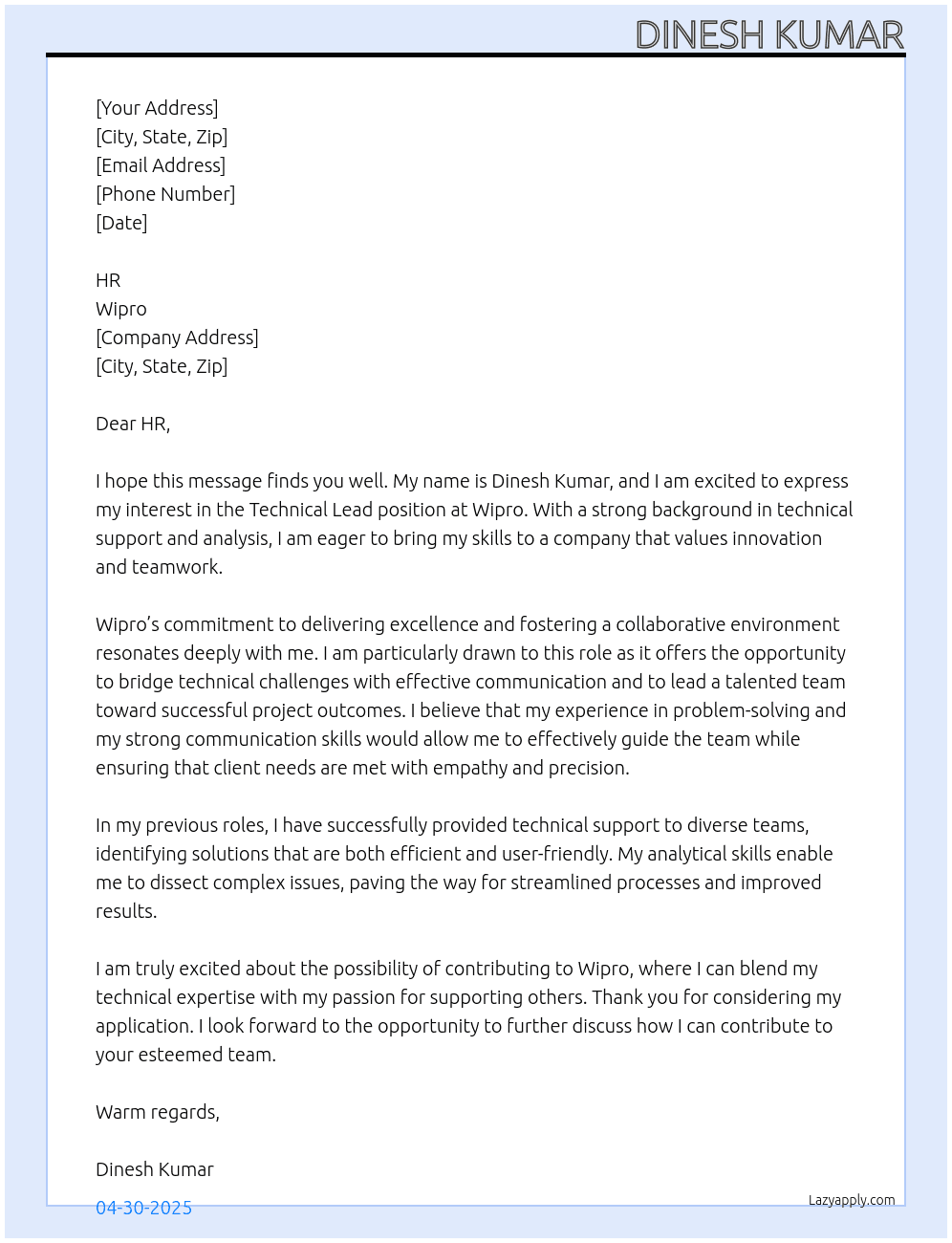 Technical Lead At Wipro Cover Letter