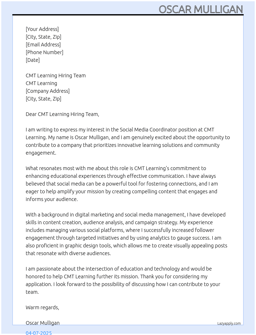 Social Media Coordinator At CMT Learning Cover Letter