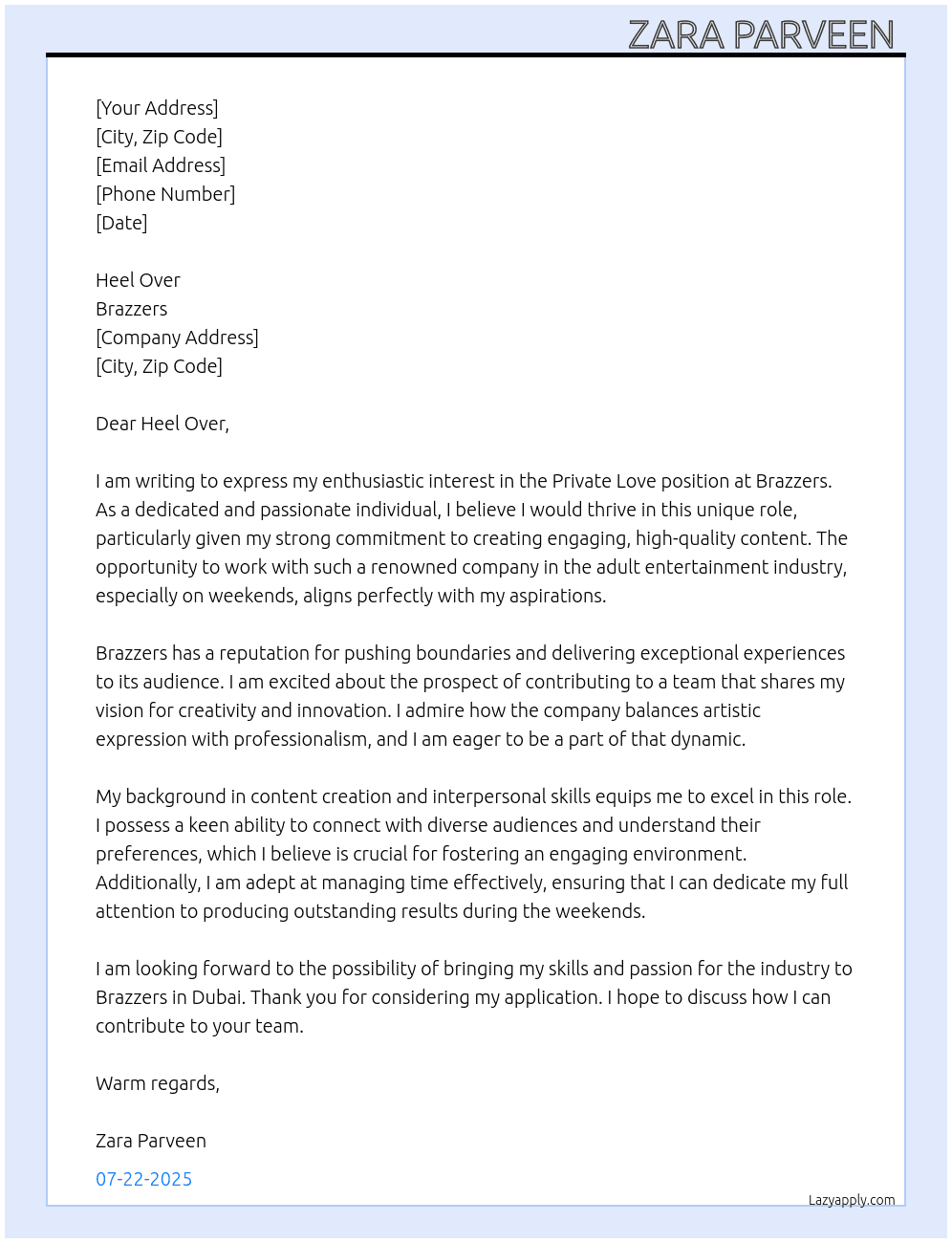 Private love  At Brazzers  Cover Letter
