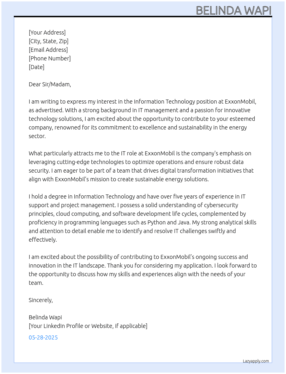 Information Technology  At ExxonMobil  Cover Letter