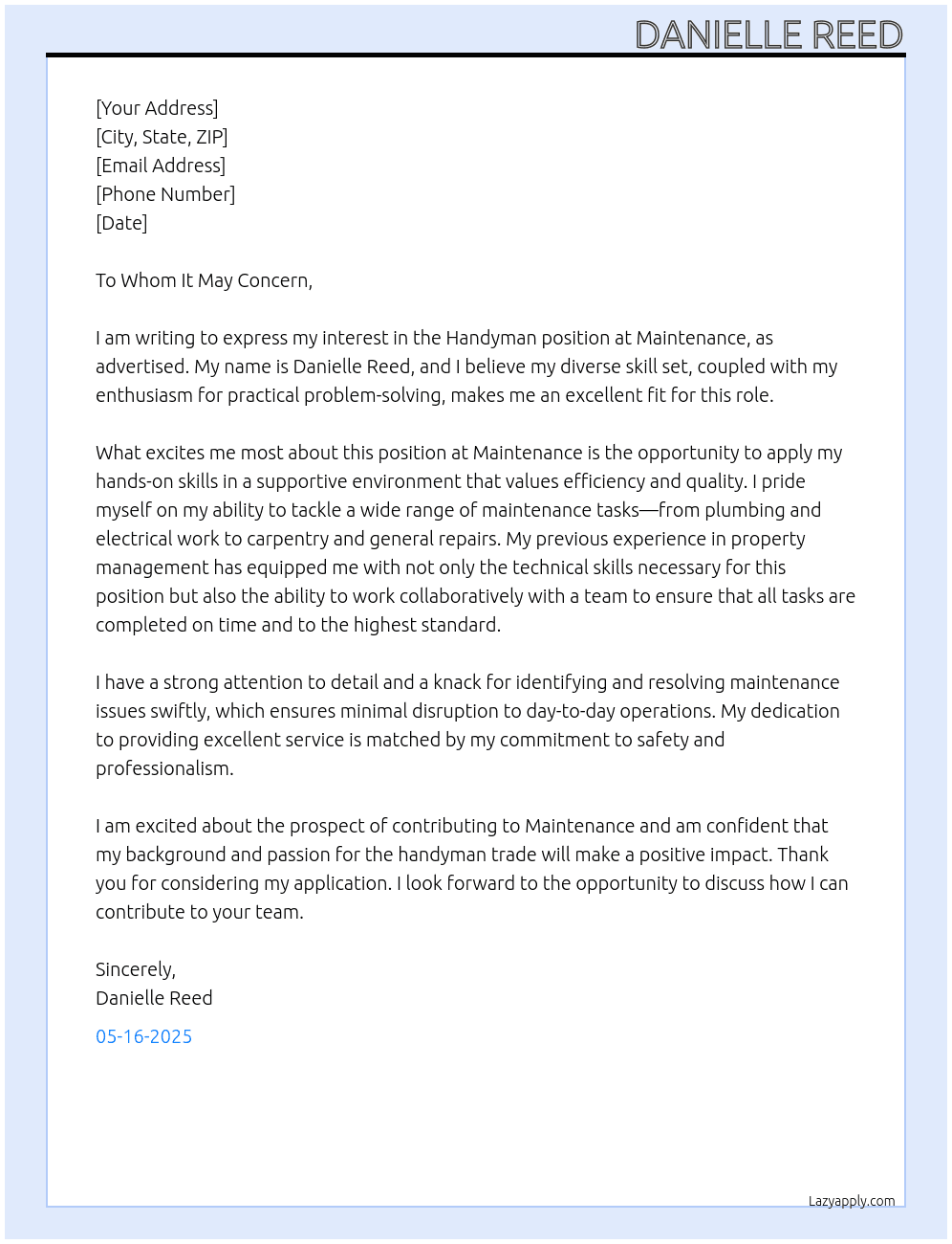 Handyman  At Maintenance  Cover Letter