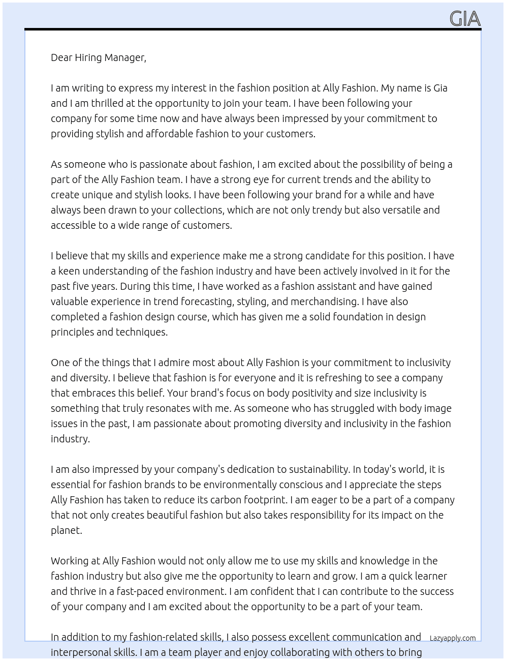 fashion  At Ally fashion Cover Letter