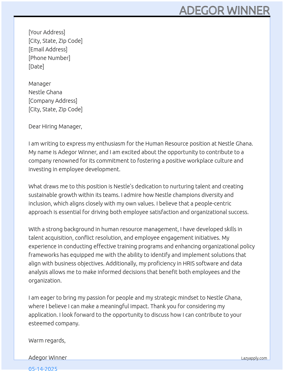 Human Resource 👨  At Nestle Ghana Cover Letter