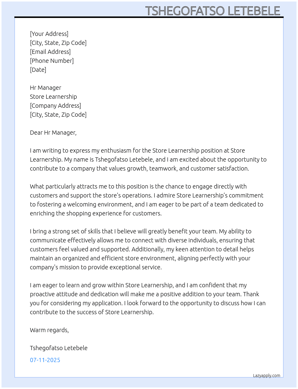 Store leanership  At Store leanership Cover Letter