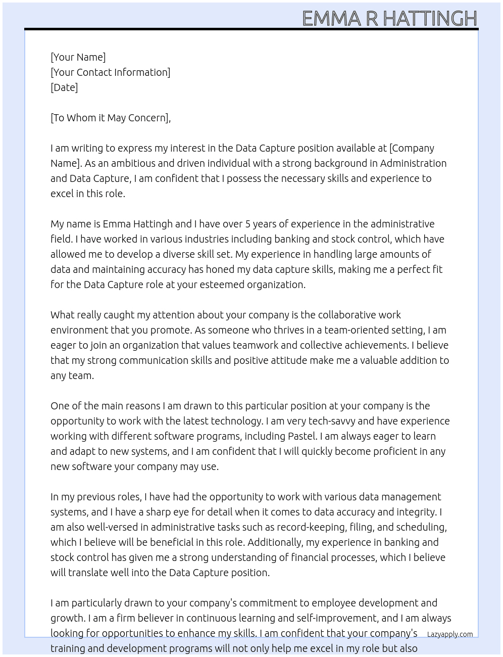 Data Capture At Administration  Cover Letter