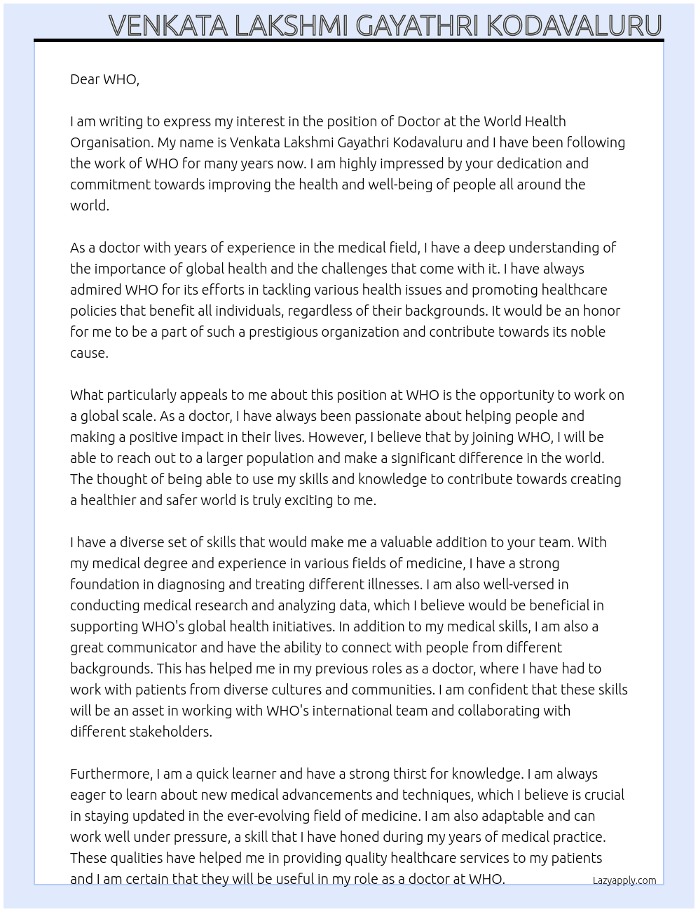 doctor At World Health Organisation Cover Letter