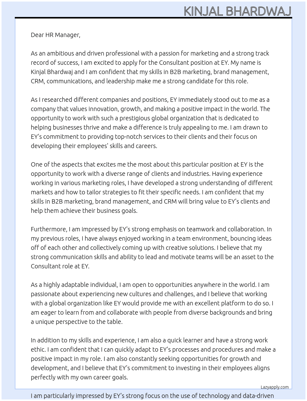 CONSULTANT At EY Cover Letter