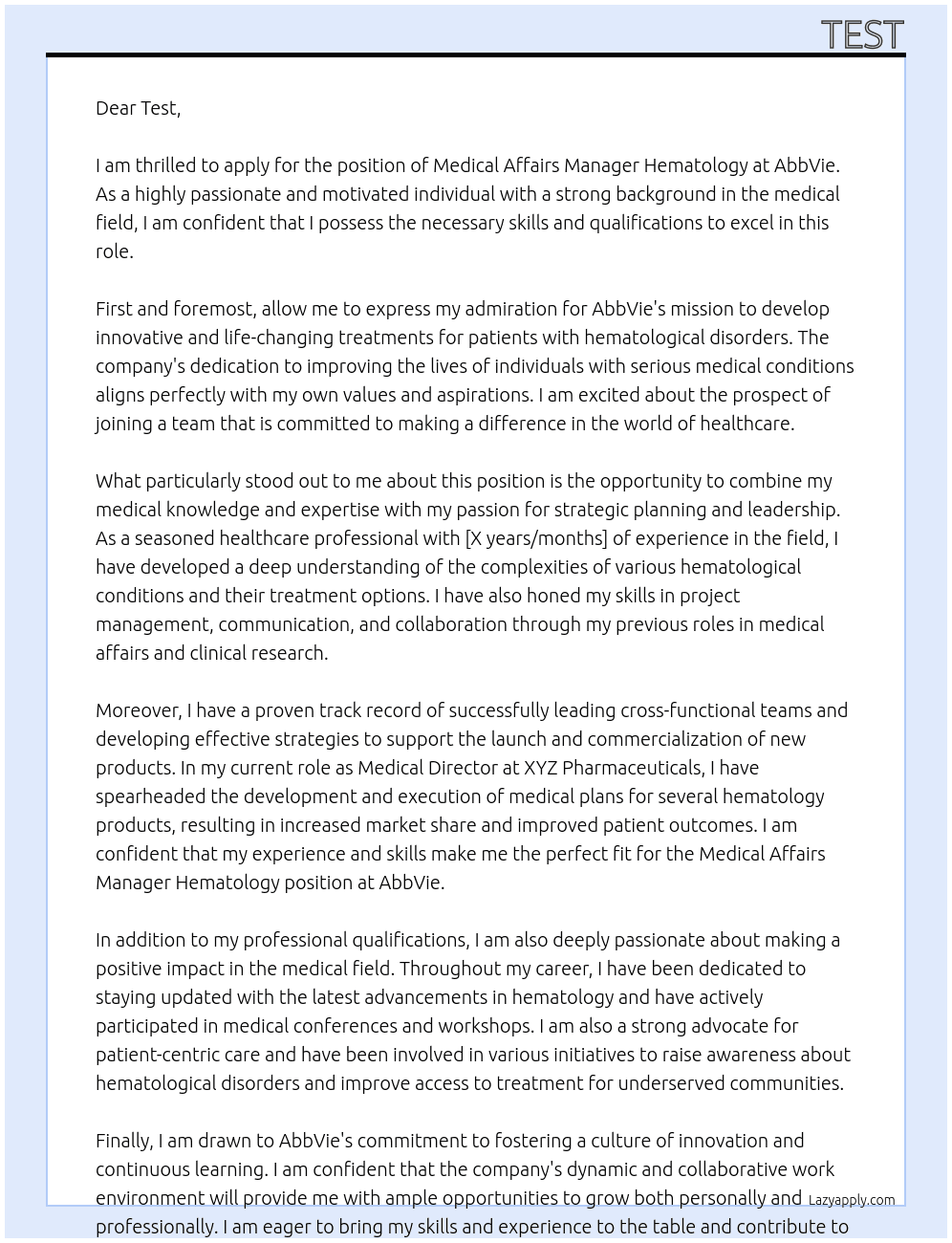 Medical Affairs Manager Hematology At AbbVie Cover Letter
