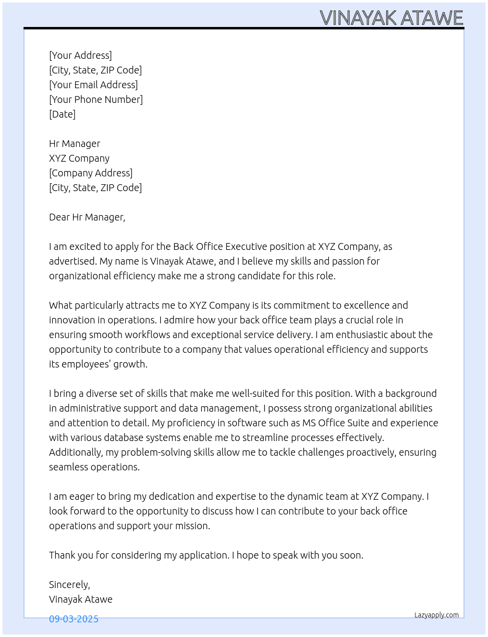 Back office executive  At Xyz Cover Letter