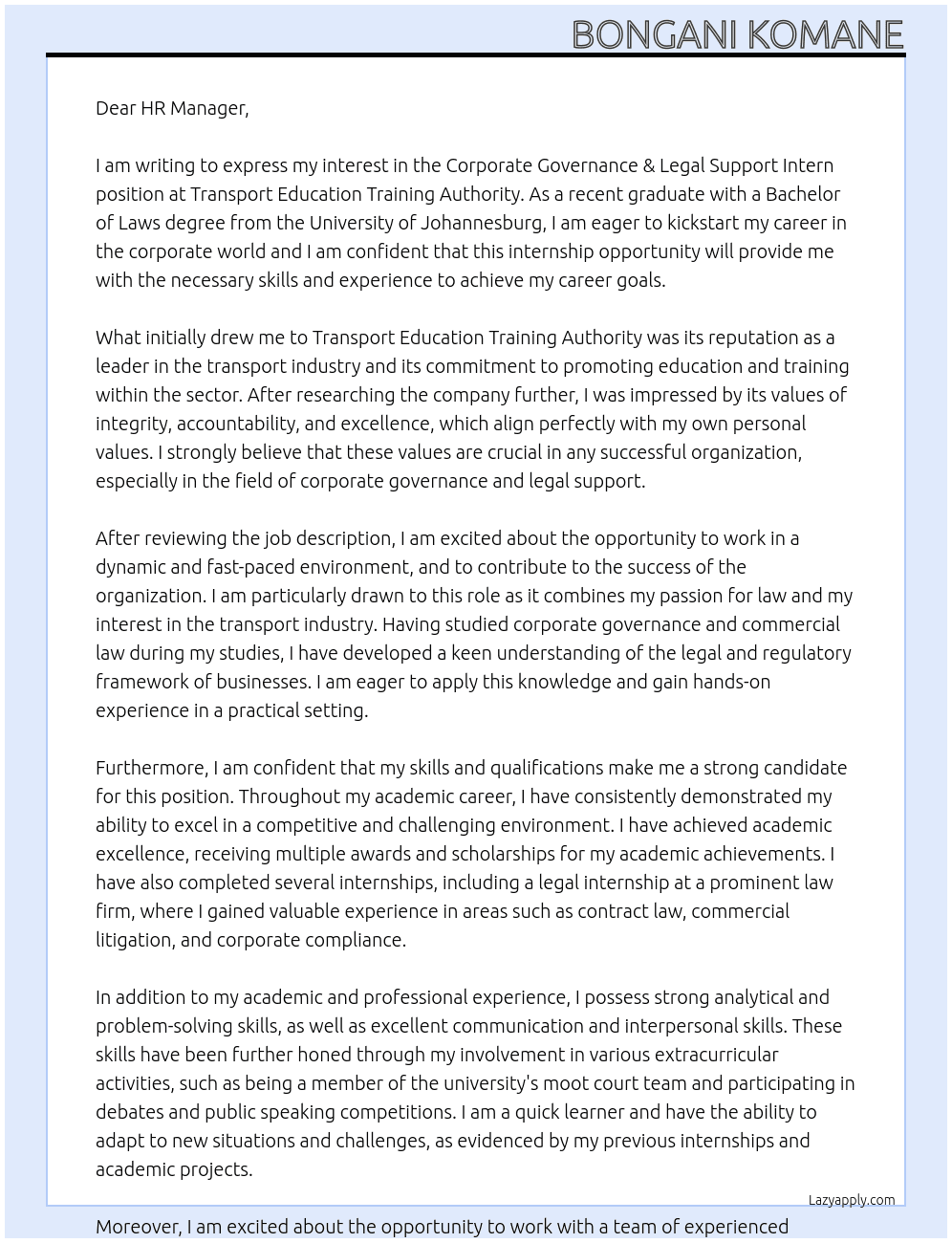 Corporate Governance & Legal support Intern At Transport Education Training Authority  Cover Letter