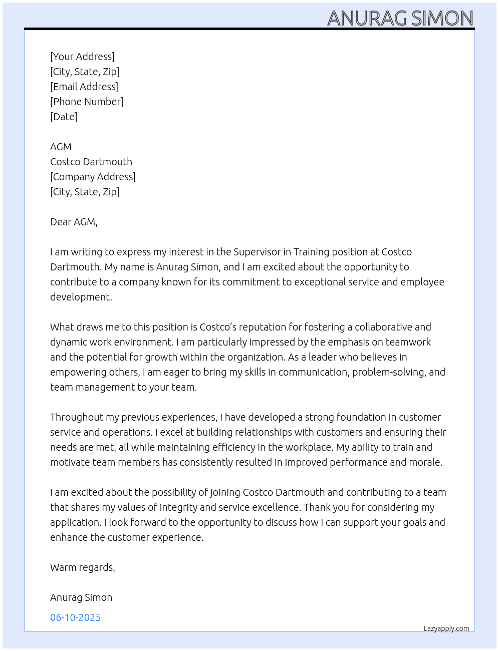 Supervisor in training At Costco Dartmouth Cover Letter