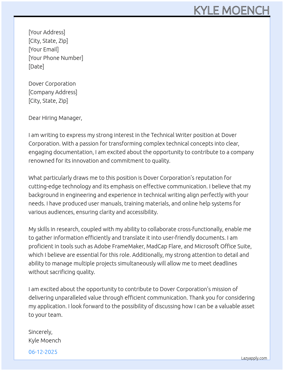 Technical Writer At Dover Corporation  Cover Letter