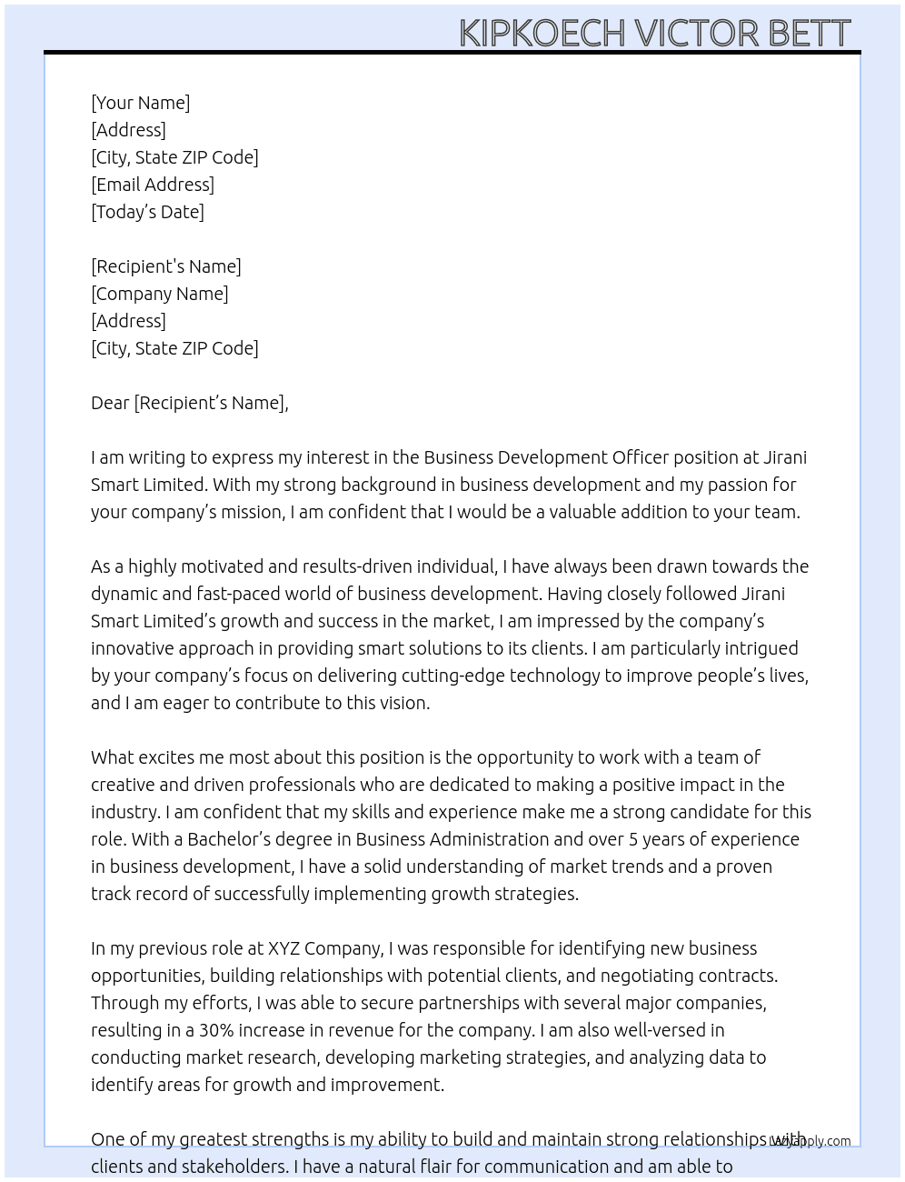 Business development officer  At Jirani Smart limited  Cover Letter