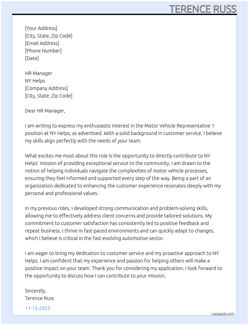 Motor Vehicle Representative 1 At NY Helps Cover Letter