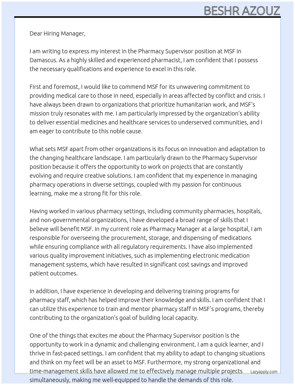 Pharmacy Supervisor At MSF Cover Letter