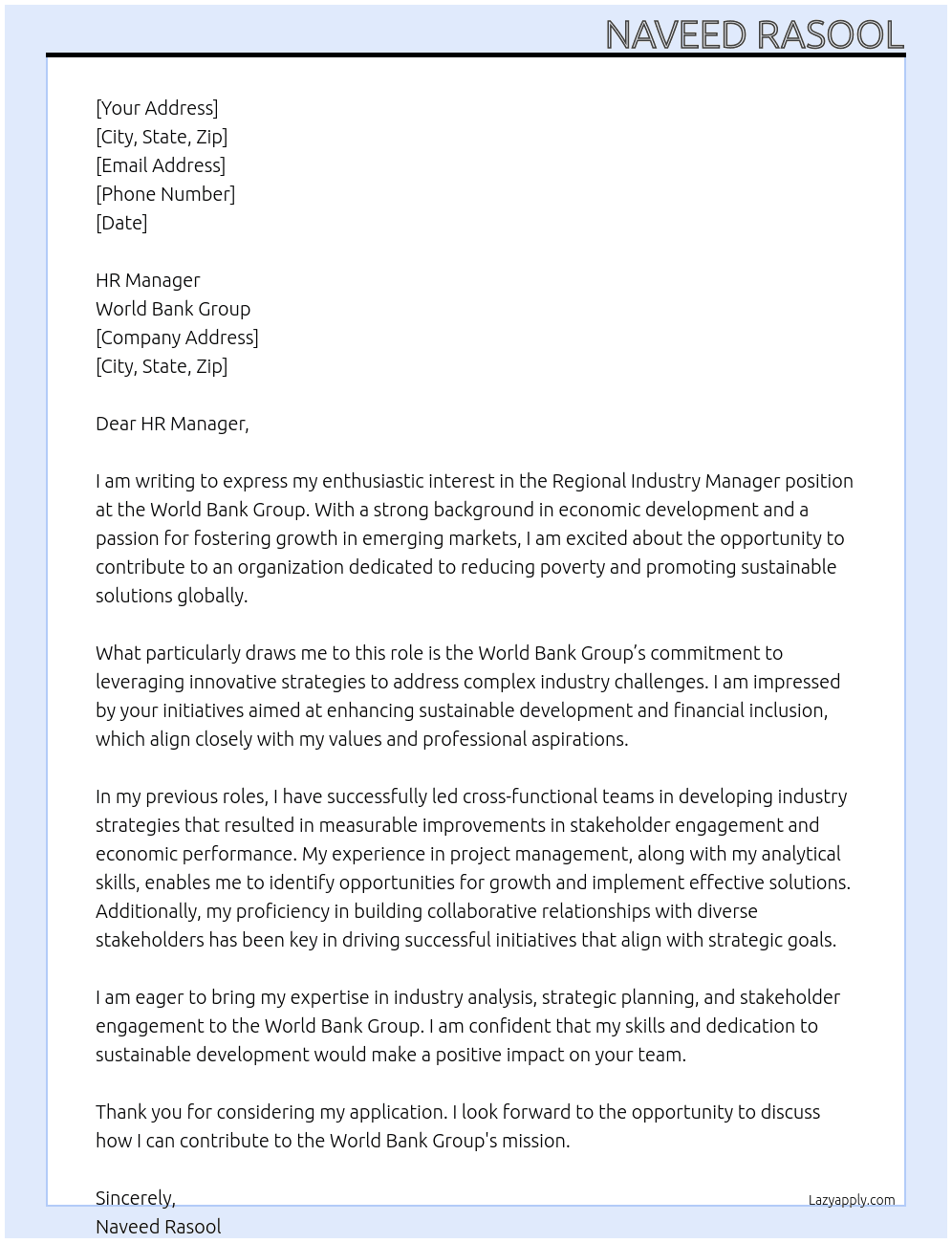 Regional industry Manager At World Bank Group Cover Letter