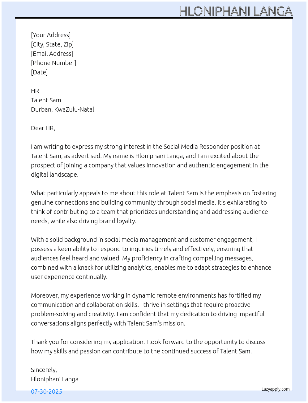 Cover letter for social media responder - LazyApply