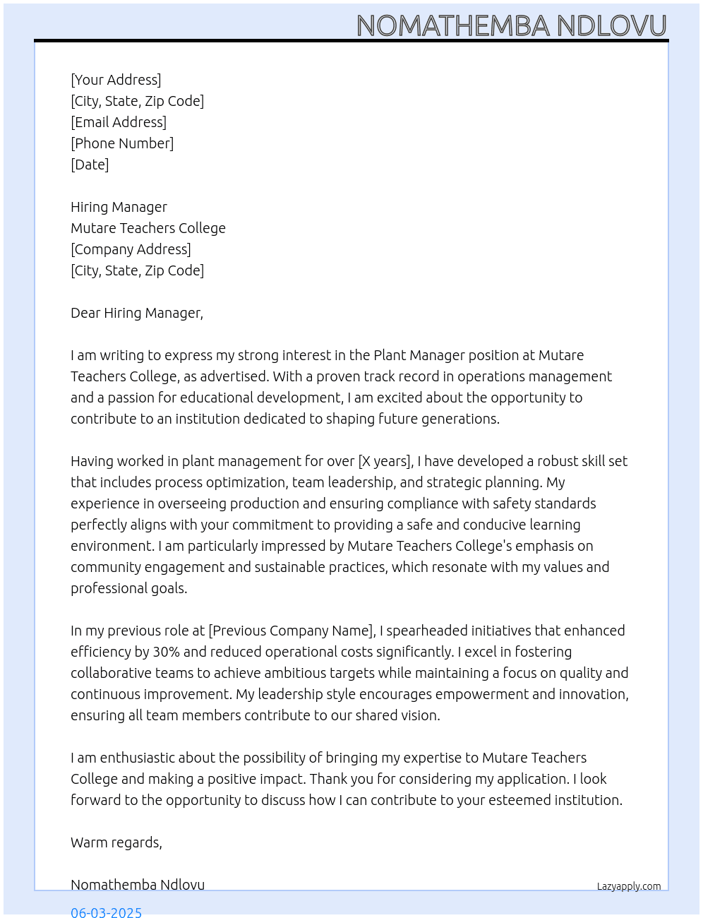 Plant Manager  At Mutare Teachers College  Cover Letter