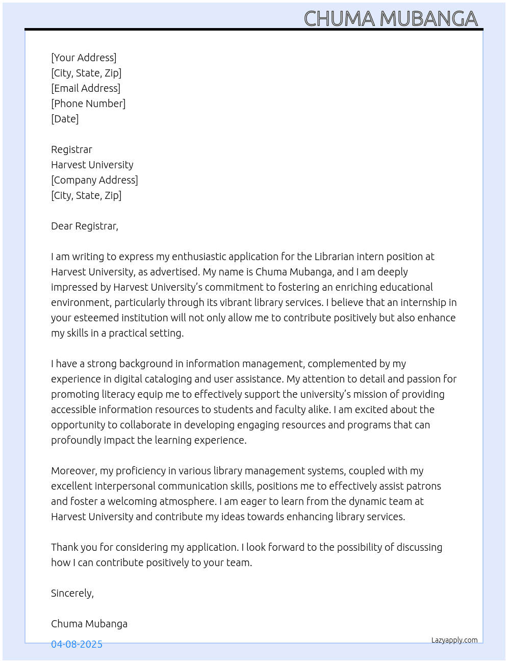 Librarian At Harvest university Cover Letter