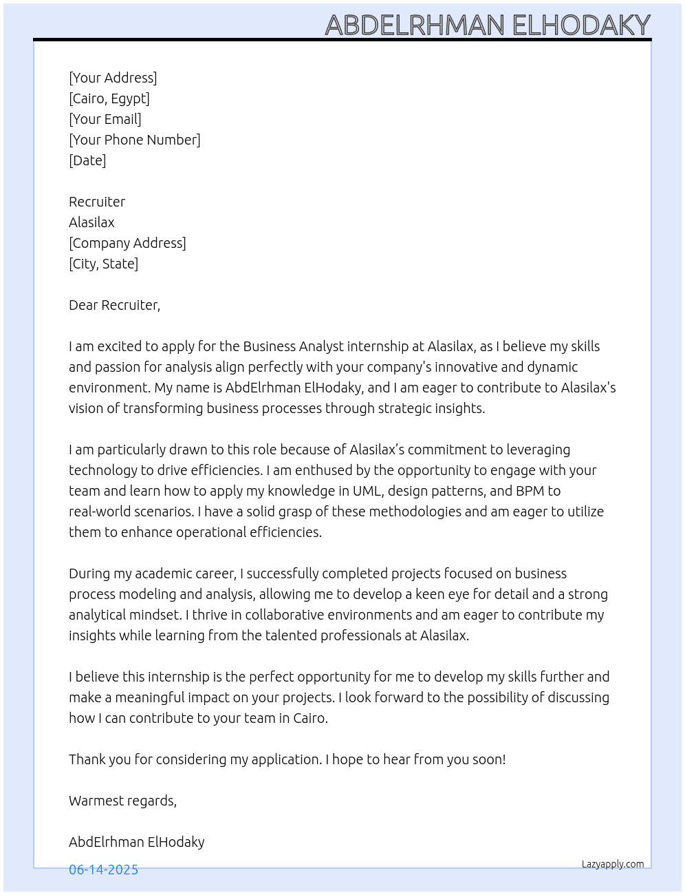 Business Analyst  At Alasilax Cover Letter