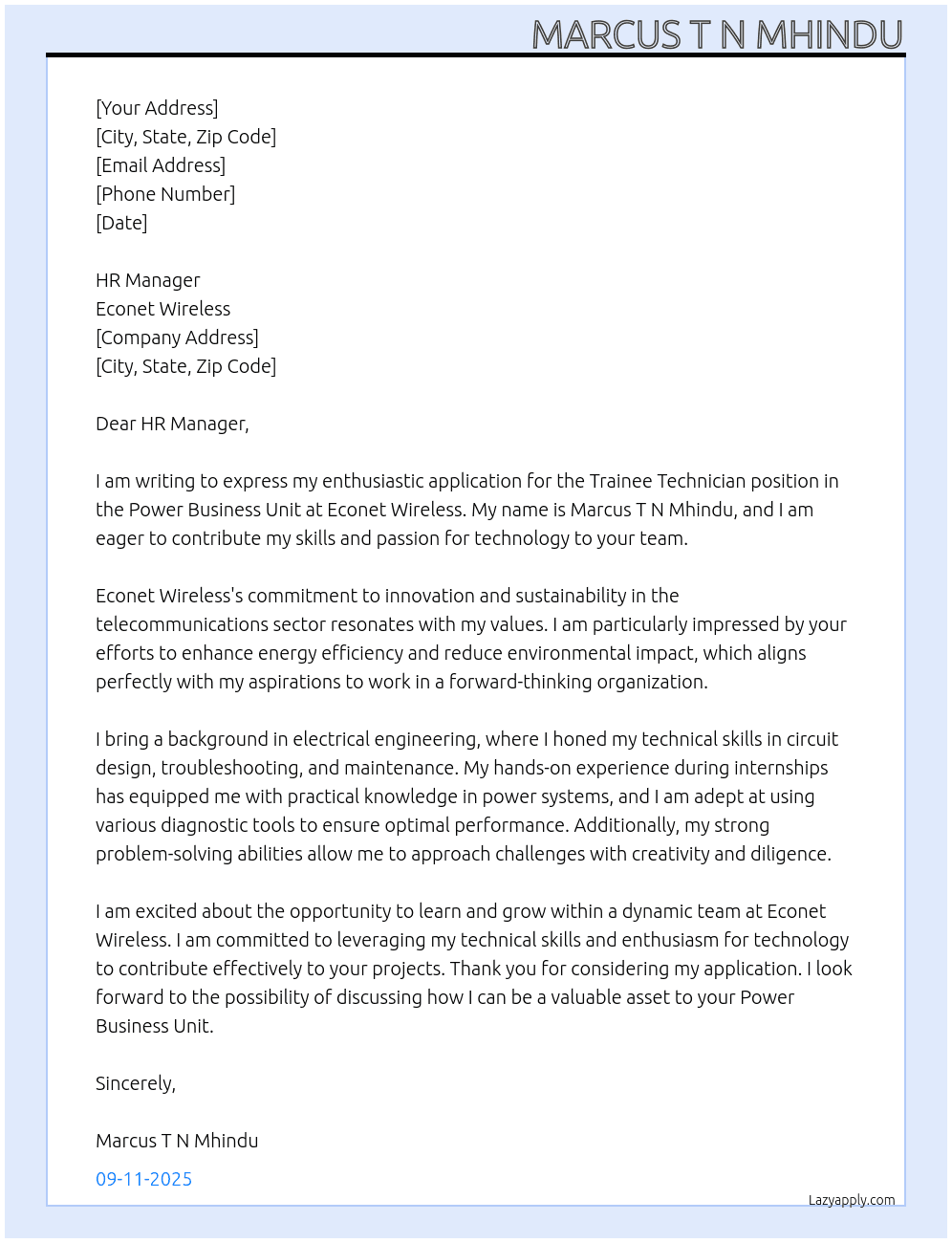 Trainee Technicians – Power Business Unit At Econet Wireless Cover Letter