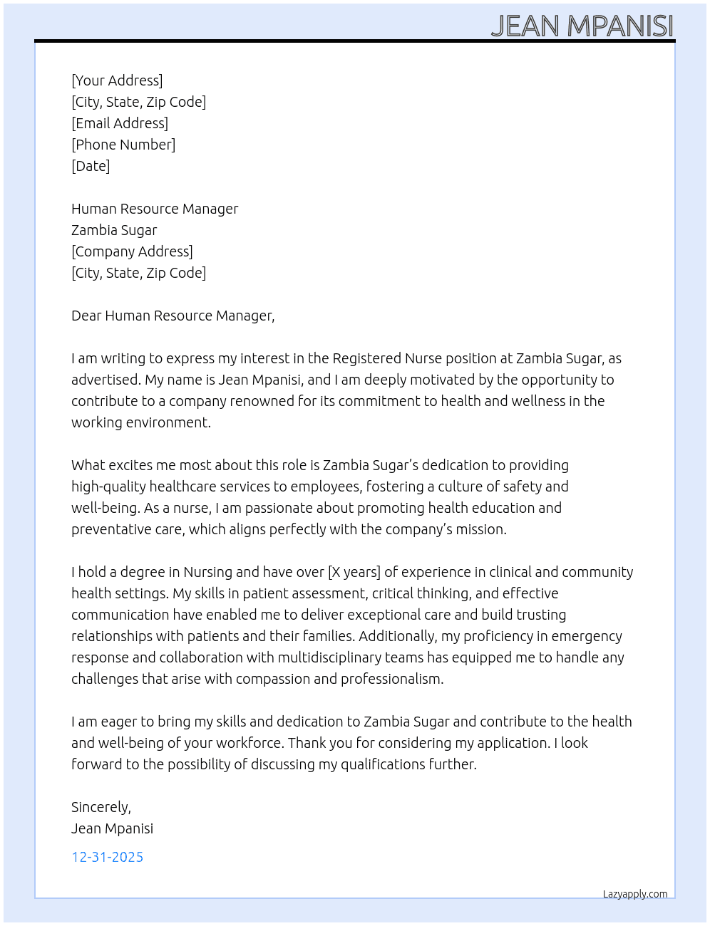 Registered nurse At Zambia sugar Cover Letter