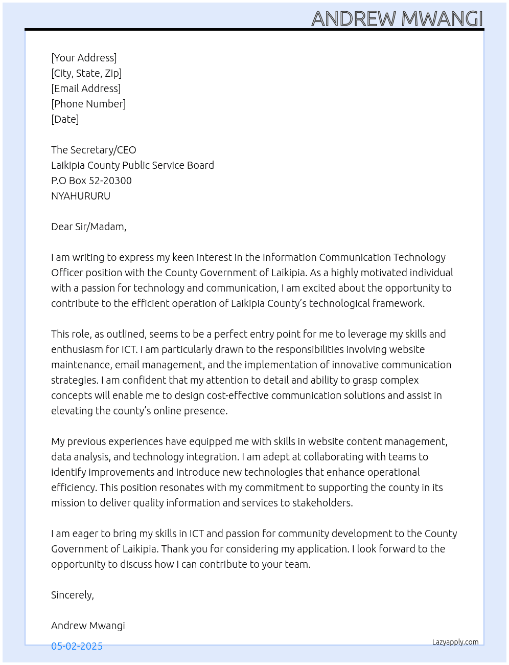 infomation communication technology officer At County Government of Laikipia Cover Letter