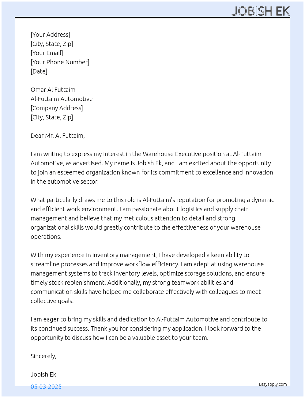 Warehouse executives At Al-Futtaim Automotive  Cover Letter