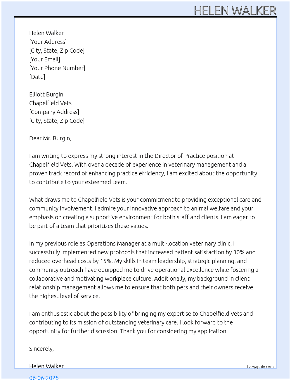 Director of Practice At Chapelfield Vets Cover Letter