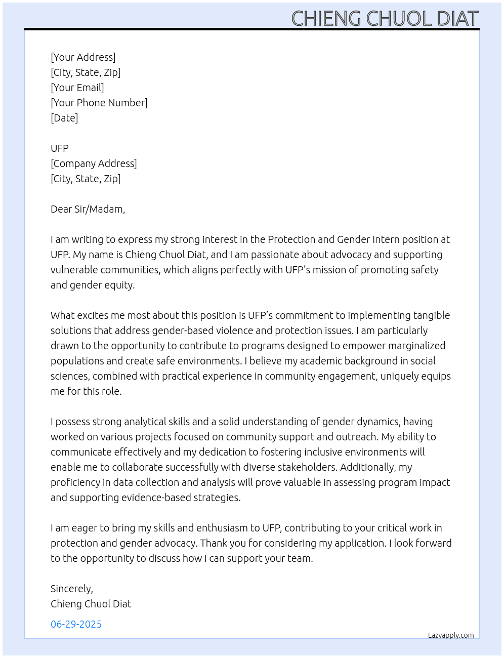 Protection and Gender Intern At UFP Cover Letter