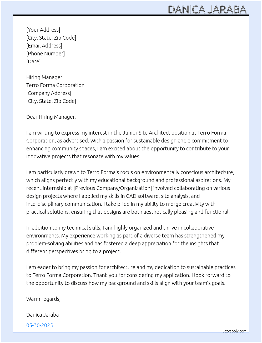 Cover letter for junior site architect - LazyApply
