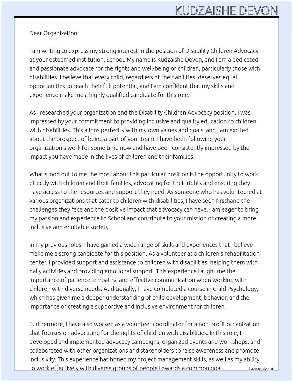 Cover letter for disability children advocacy - LazyApply