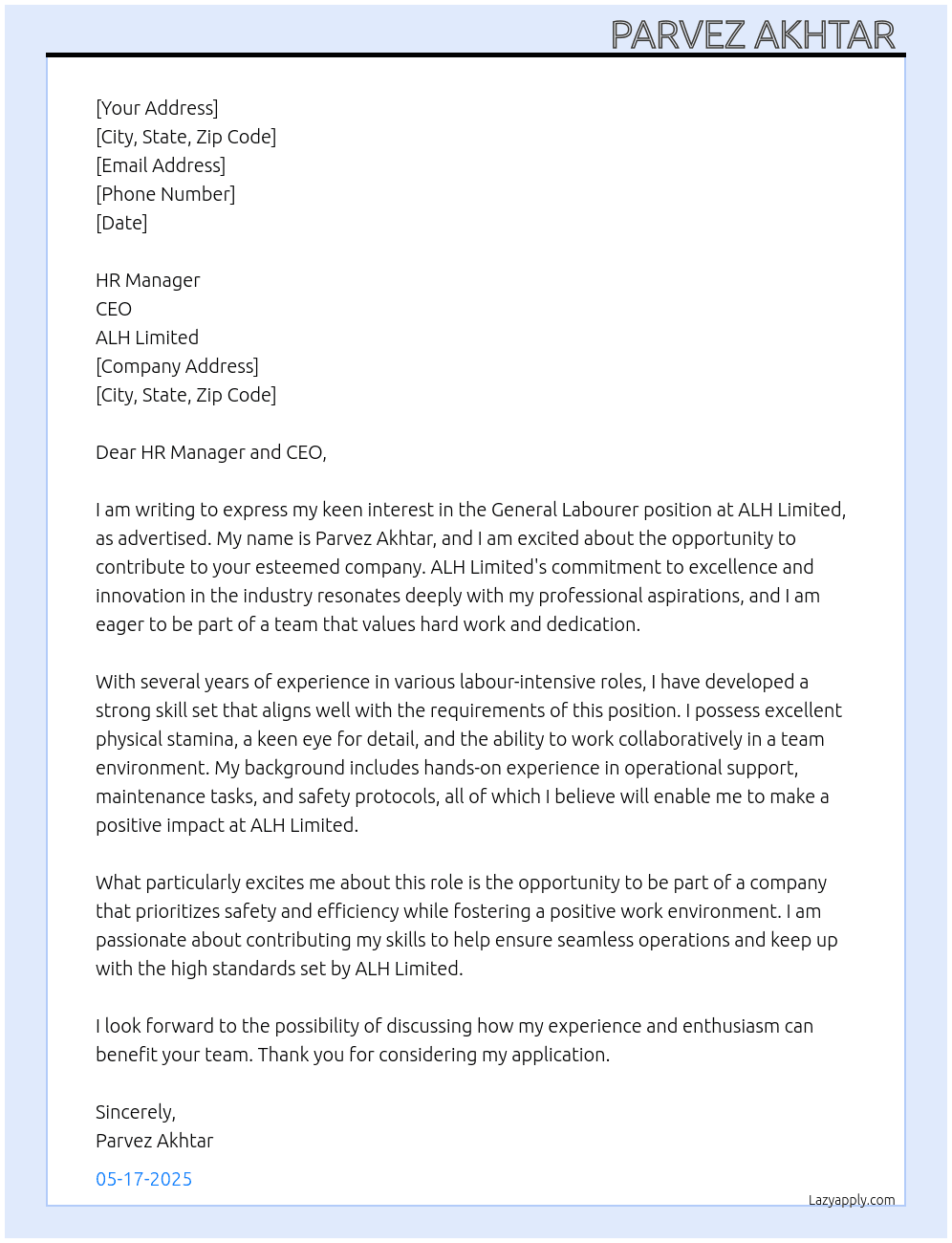 General Labours  At ALH Limited  Cover Letter