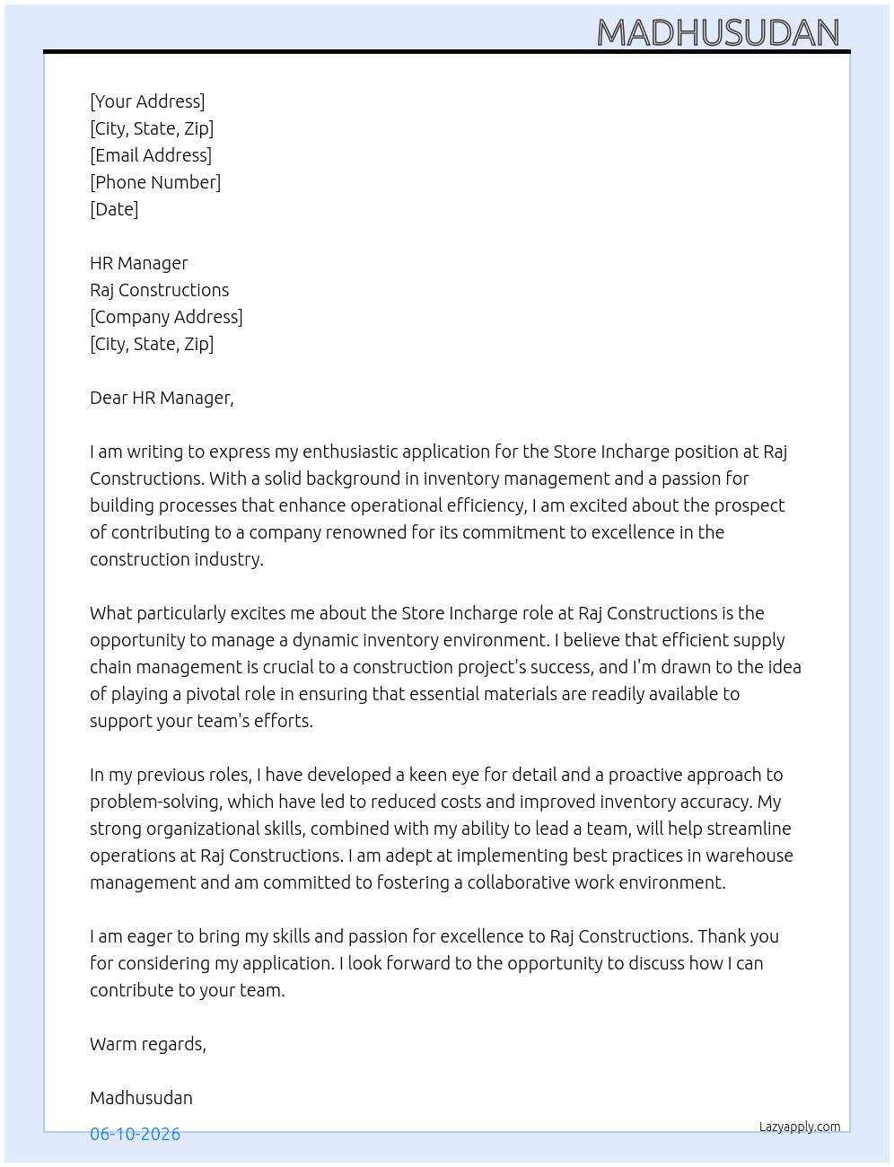 Store incharge  At Raj constructions  Cover Letter