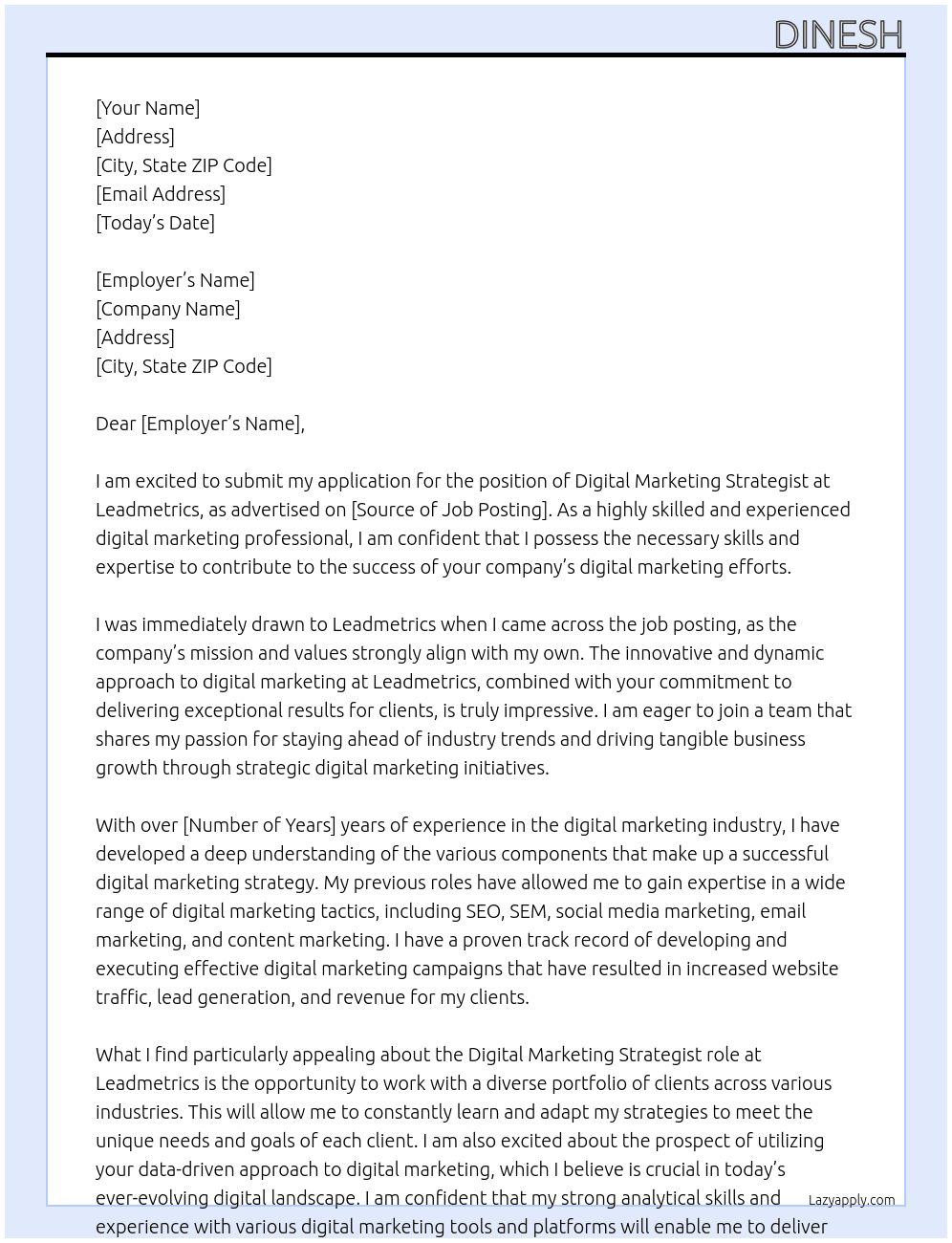 Digital Marketing Strategist At Leadmetrics Cover Letter