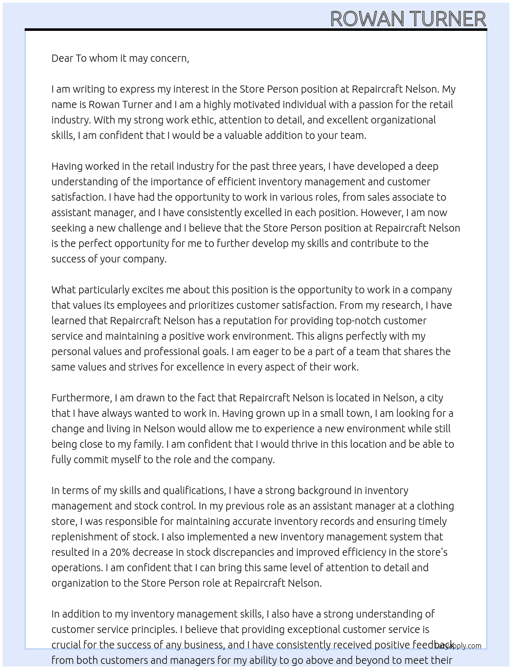 Store Person At Repaircraft Nelson Cover Letter