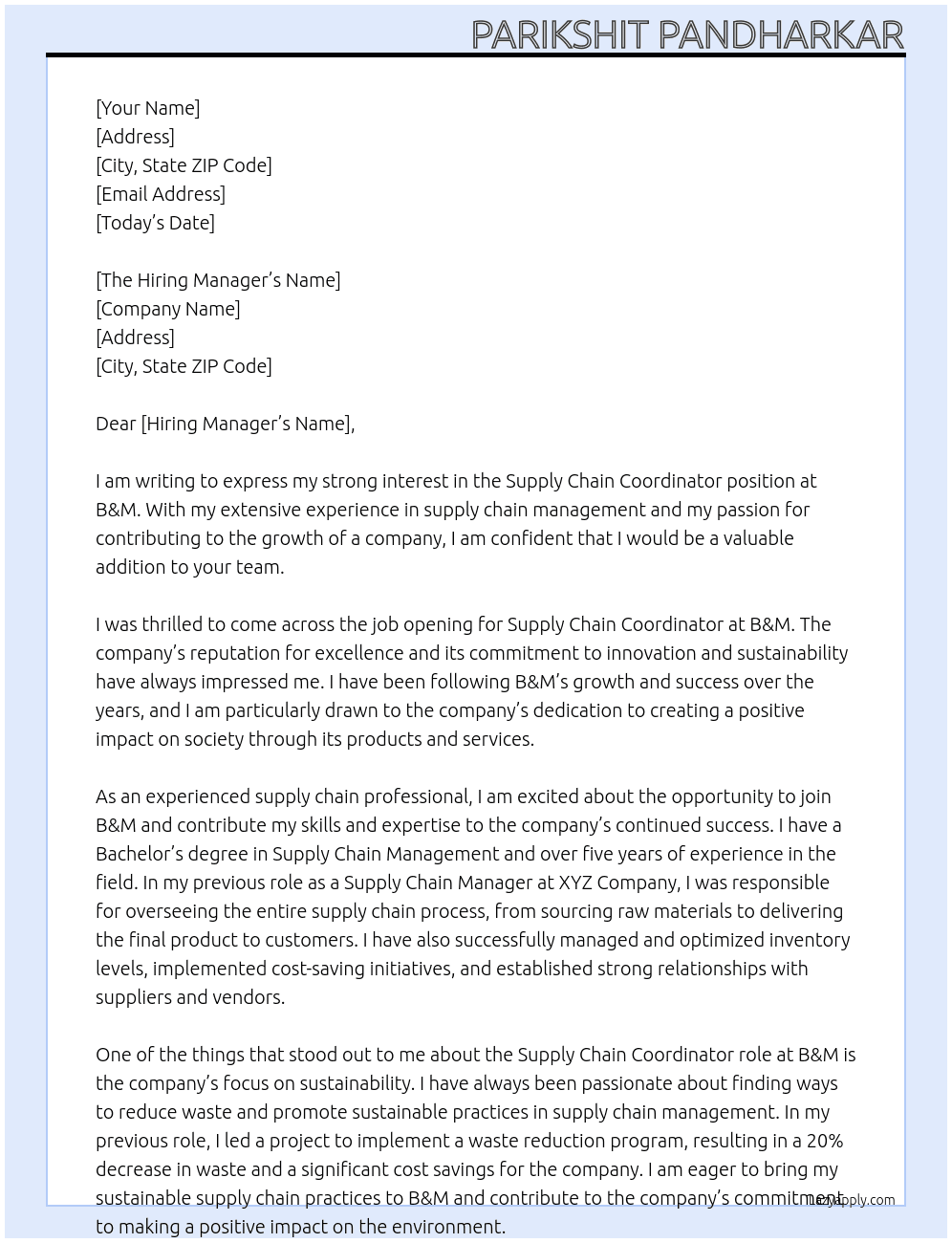 Supply chain coordinator At B&M Cover Letter