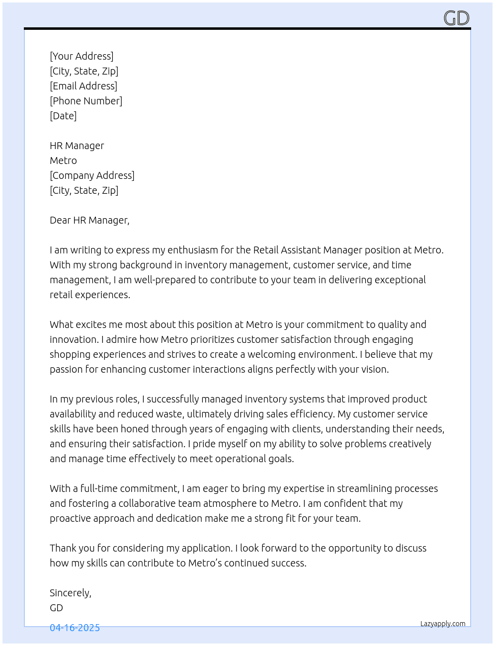 Retail Assistant Manager At Metro Cover Letter