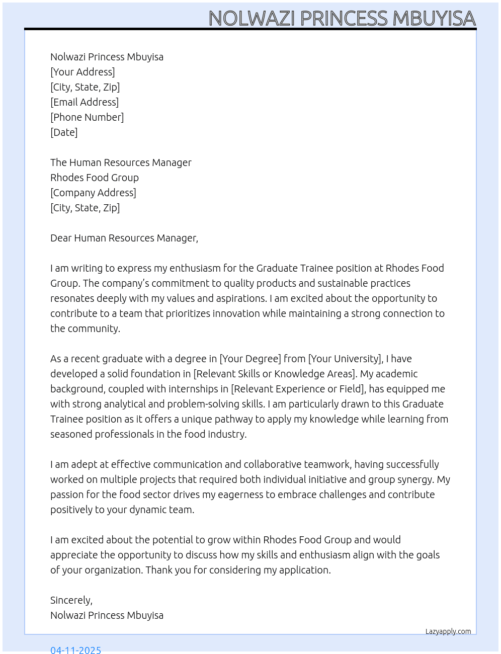 Graduate Trainee At Rhodes Food Group Cover Letter