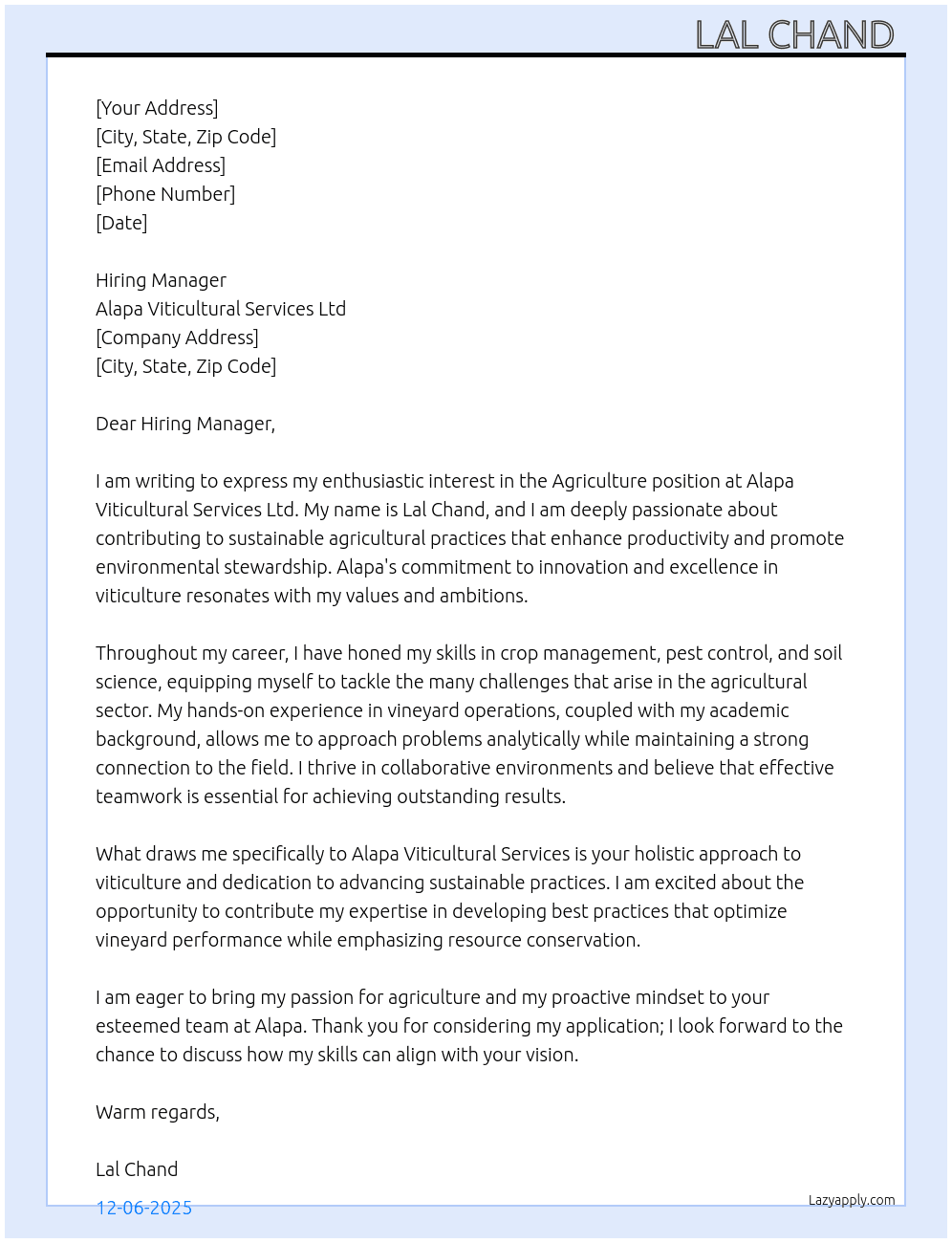 Agriculture  At Alapa Viticultural Services Ltd  Cover Letter