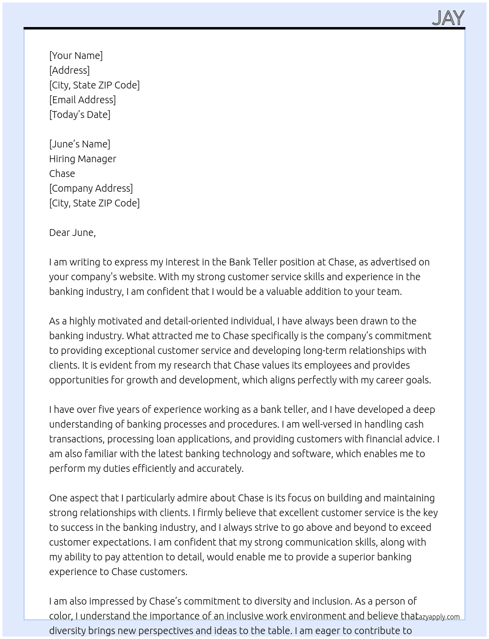 Bank teller At Chase Cover Letter