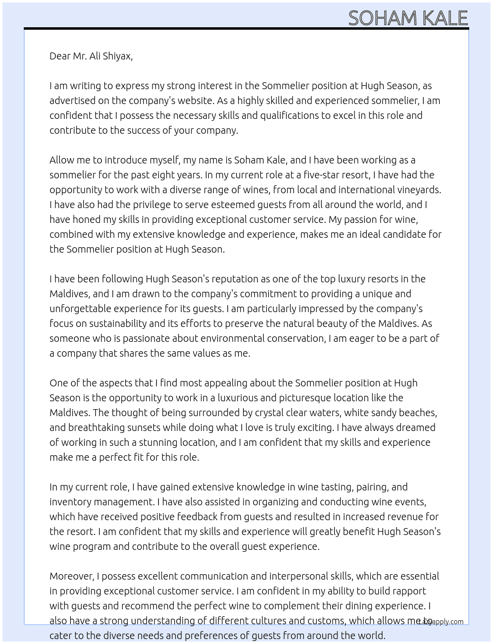 Sommelier At Hugh Season Cover Letter